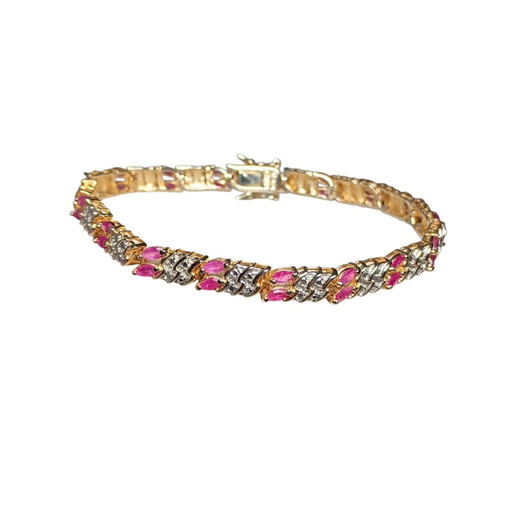 Ross-Simons Gold Vermeil Sterling Silver Pink Topaz Diamond Tennis Bracelet